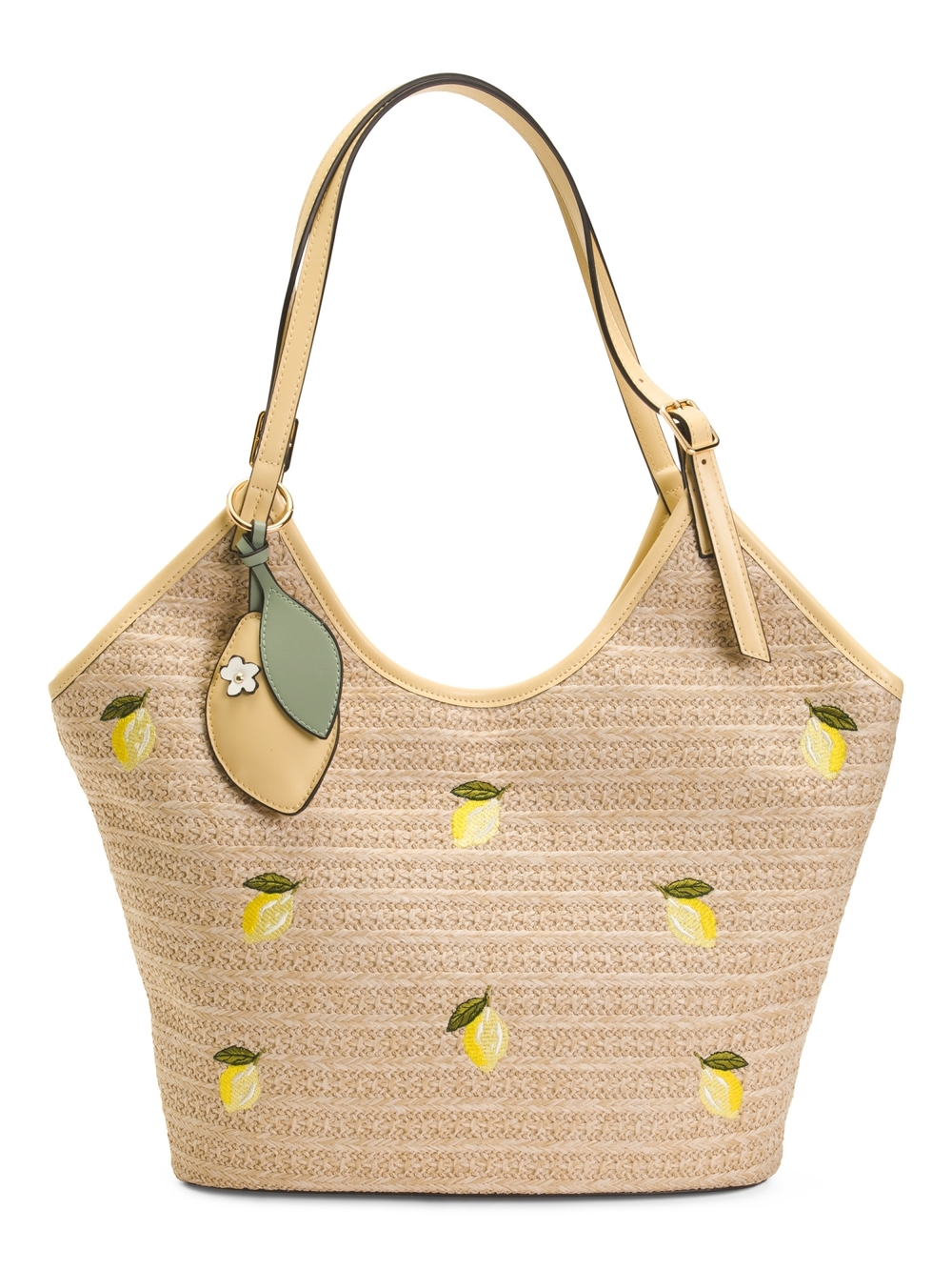 BCBGeneration Yellow Lemon Embroidered Straw Tote